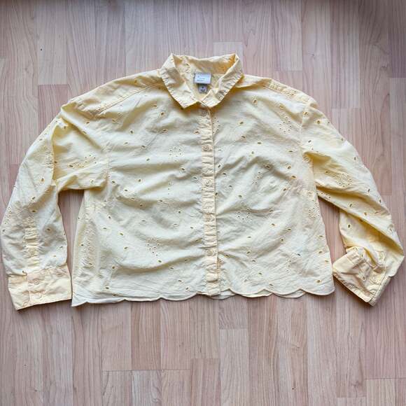 A New Day Tops - Butter Yellow 100% Cotton Eyelet Button Down Crop Blouse Long Sleeve